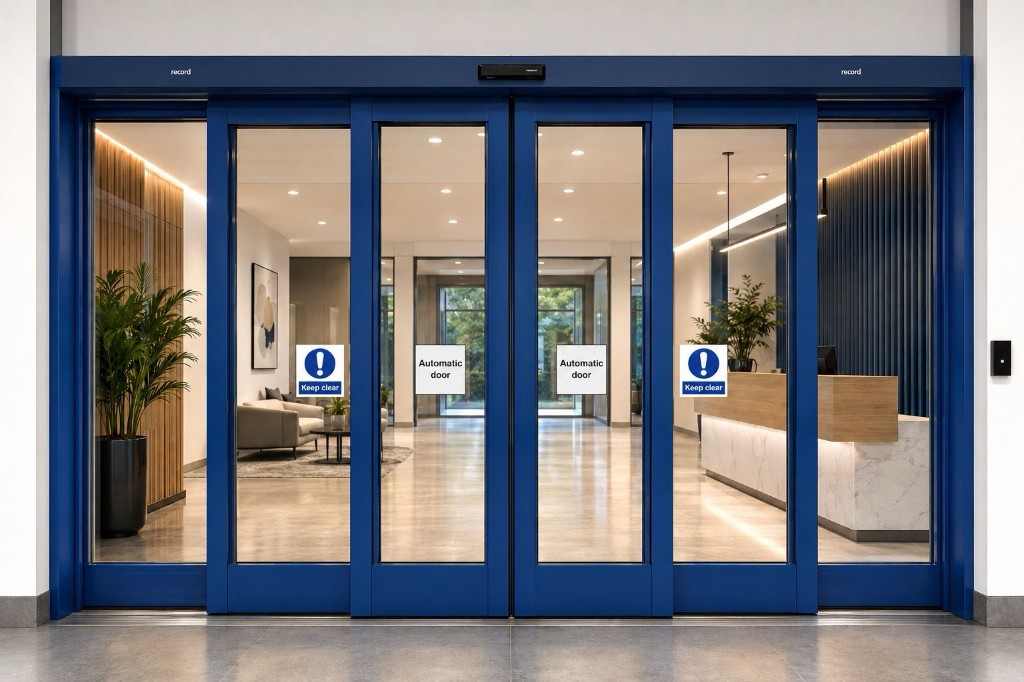 Bi-parting telescopic automatic sliding door system with blue frames & multiple leaves in a commercial reception