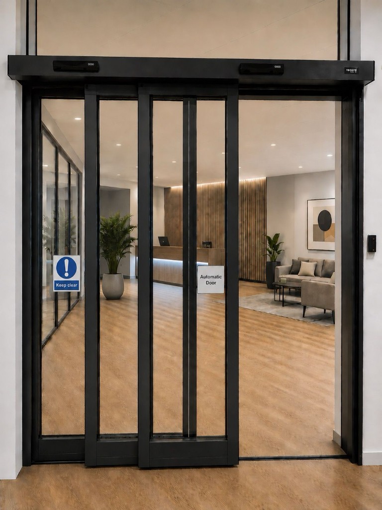 Single telescopic automatic sliding door system with multiple leaves & header-mounted sensors in a commercial reception