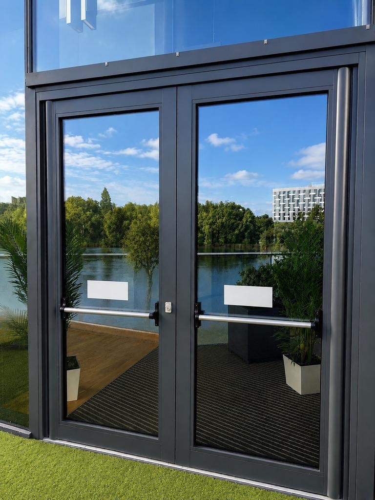 Anthracite aluminium double fire exit doors with Axim panic bars & laminated glazing at Resorts World Birmingham