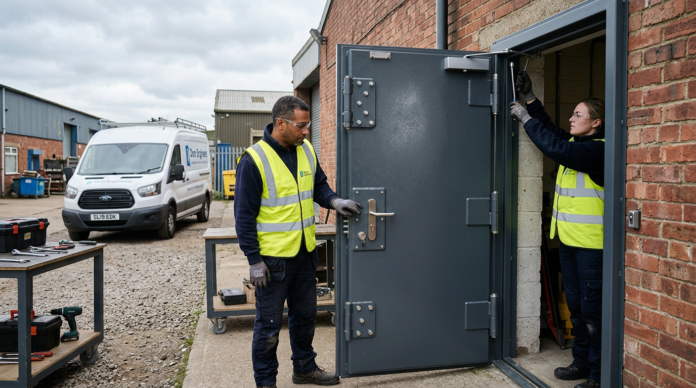 Steel commercial door repair context with heavy-duty hardware