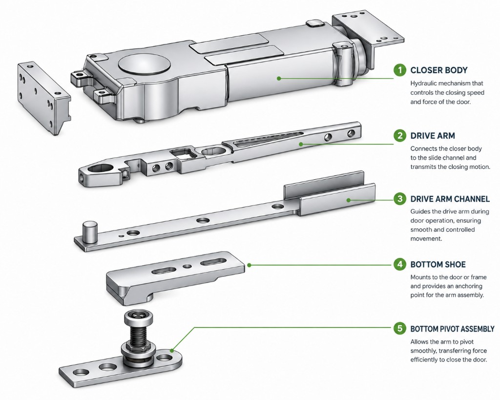 Labelled diagram of door closer body, drive arm, channel, bottom shoe & pivot assembly