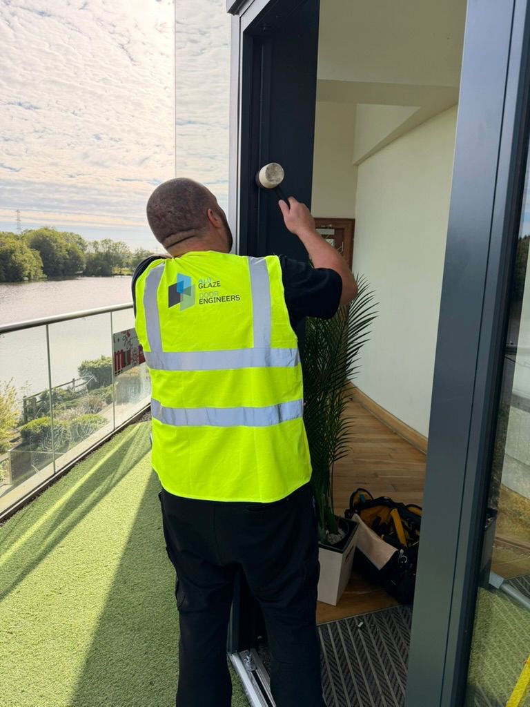Door Engineers technician adjusting a commercial glass door frame during emergency repair works
