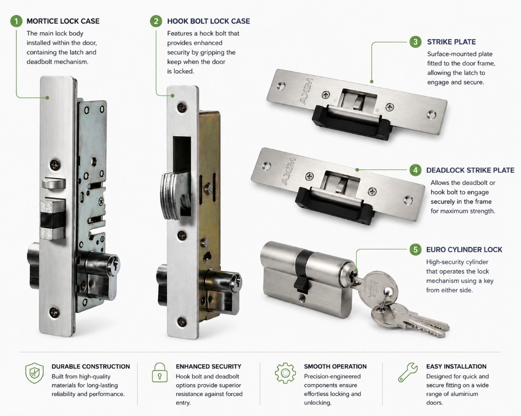 Infographic of mortice lock case, hook bolt lock, strike plates & euro cylinder lock components