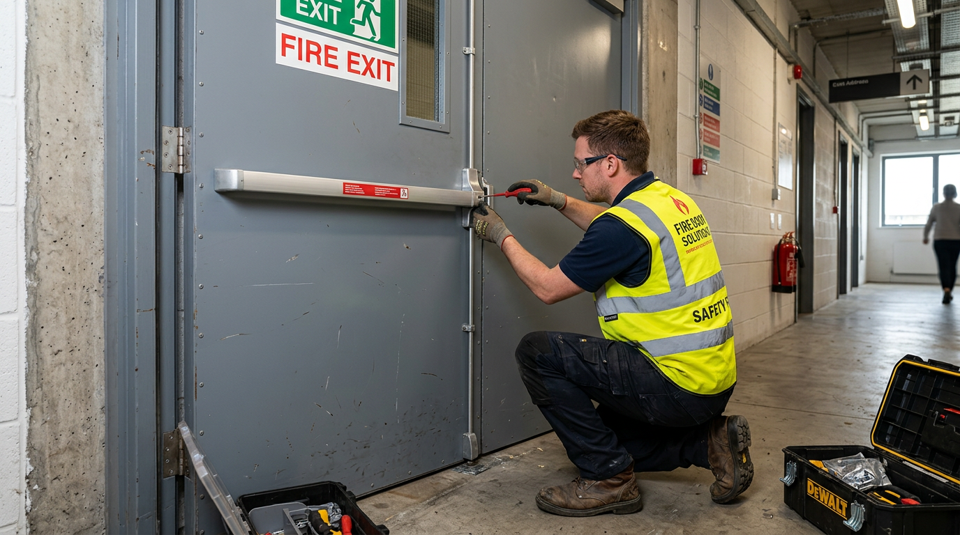 Door Engineers engineer repairing panic hardware on a commercial fire exit door